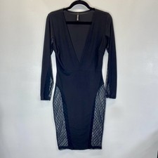GoodTime USA Black Bodycon Dress Large V Neck Sheer Mesh Midi Party Glam