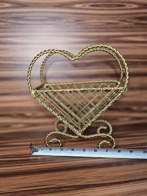 Gold-Tone Ornate 9''x8'' SCROLLED Twisted Rope METAL BASKET Heart-Shaped 