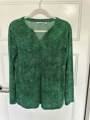 NWOT Susan Graver Liquid Knit Emerald Green Pattern 3/4 Sleeve V Neck Size Small