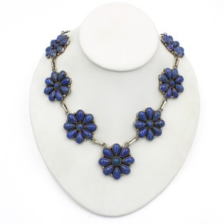 Signed Emma Gincoin Navajo Sterling Lapis Petit Point Cluster Necklace #S4340 1