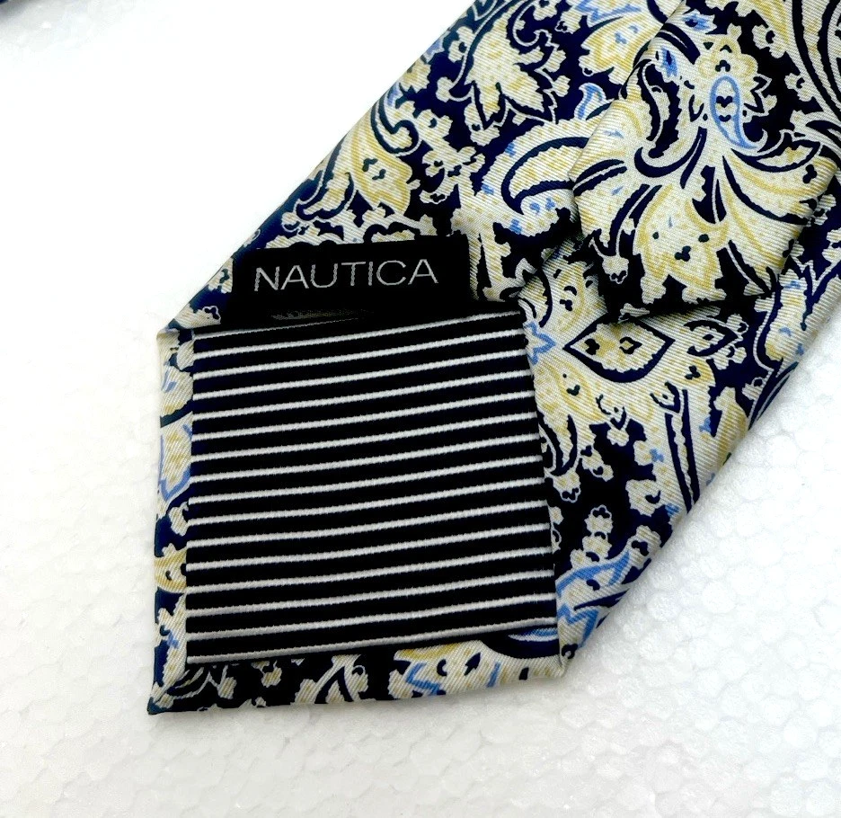 Corbata NAUTICA Paisley Azul Marino Teniente Azul y Amarillo 100% Seda Foto 2 de 4
