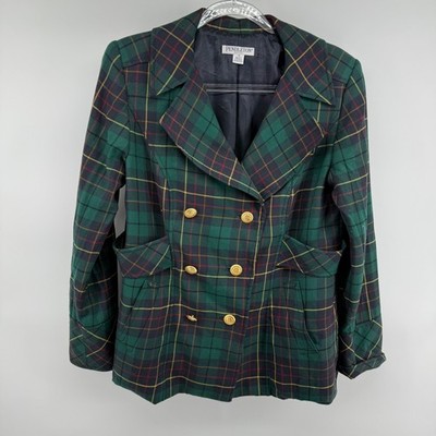 Pendleton Petite Plaid Double Breasted Blazer Jacket Green Gold Women's Size 12
