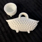 Vintage Fenton Hobnail Milk Glass 4 Footed Oval Basket 7" Handbasket