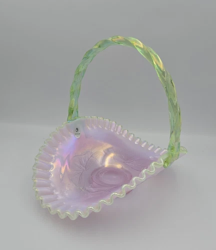 Fenton Iridized Rose Basket With Bright Green Pie Crust Edge And Twisted Handle