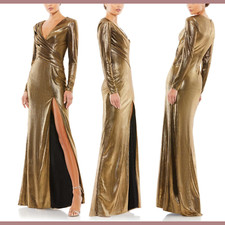 NWT IEENA Mac Duggal [ 8 ] Gold Metallic Long Sleeve Asymmetrical Gown #J1176