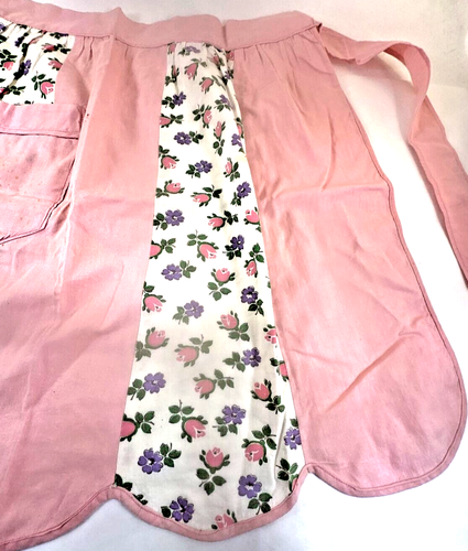 Medio delantal vintage hecho a mano, rosa con paneles florales, 17", borde de vieira, usado (SS) - Imagen 5 de 13