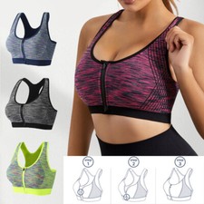 Women Sports Bra Front Zip High Impact Push Up Wireless Padded Ladies Ves  