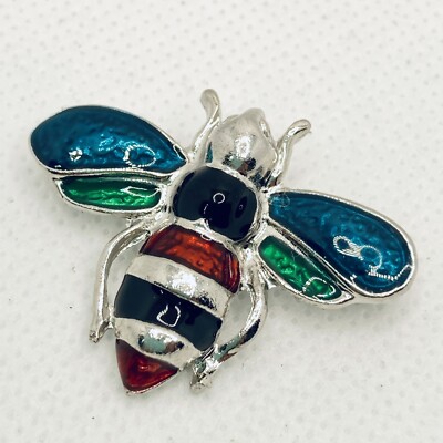 ADORABLE Vintage Enamel Bumble Bee Pin Figural Brooch Silver Green Blue Red