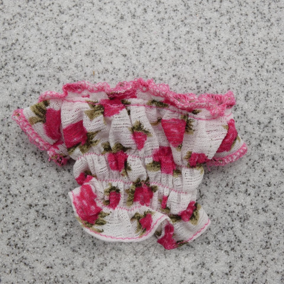 Barbie Doll Size Top White Ruffles Pink Trim Floral Print Roses Short