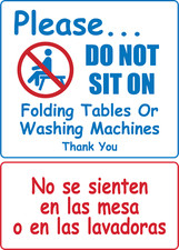 DO NOT SIT ON TABLES OR WASHING MACHINES | Bilingual Adhesive Vinyl Sign Decal