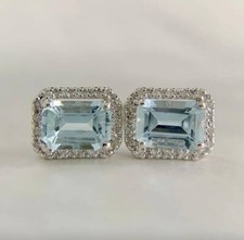 14K White Gold Plated Emerald Cut Lab Created Aquamarine Women's Stud Earrings