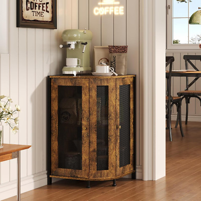 Rustic 3-Tier Corner Coffee Bar Cabinet with Storage & Magnetic Door