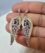 925 Sterling gold accent Stud Earrings leaf feather shaped w clear rhinestones