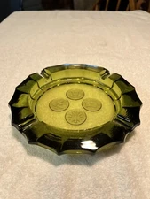 Vtg Ash Tray Green Glass Coin Fostoria Liberty Bell Eagle Torch Trinket MCM USA