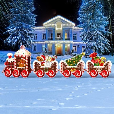Christmas Decorations Gingerbread Reindeer Train Yard Signs Stakes Gift 4 PCS