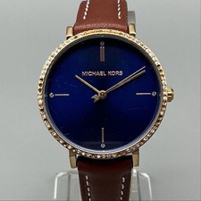 Michael Kors Womens Watch 32mm Blue Dial Brown Leather Crystals New Battery