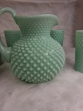 Mosser Jade Jadeite Green Gigi Glass Hobnail Water Set Ball Pitcher & 6 Tumblers