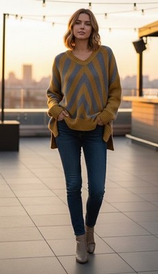 Nanushka Alpaga BLD Women's V-Neck STRPD Oversized Sweater Mustard Yellow Grey