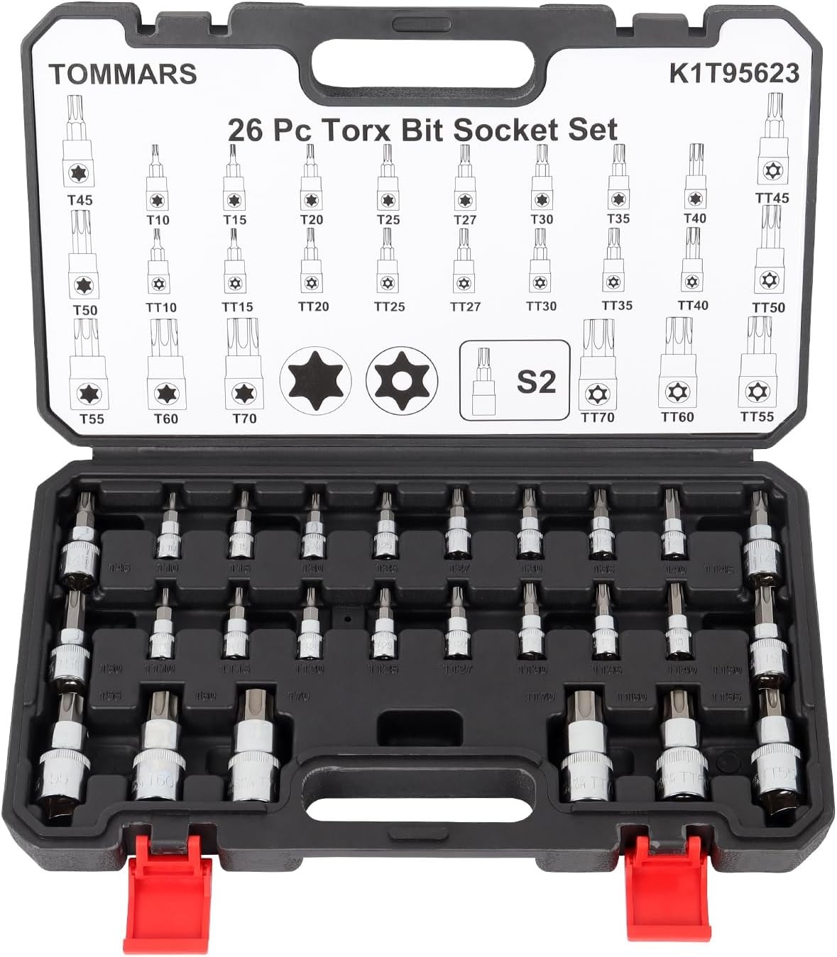 TOMMARS 26-Piece Torx Socket Set with T10-T70 and TT10-TT70 Bits