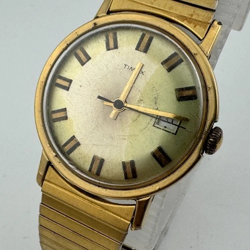 VTG Timex Mercury Hand-Winding Mechanical Watch Men Gold Tone Date Stretch Band