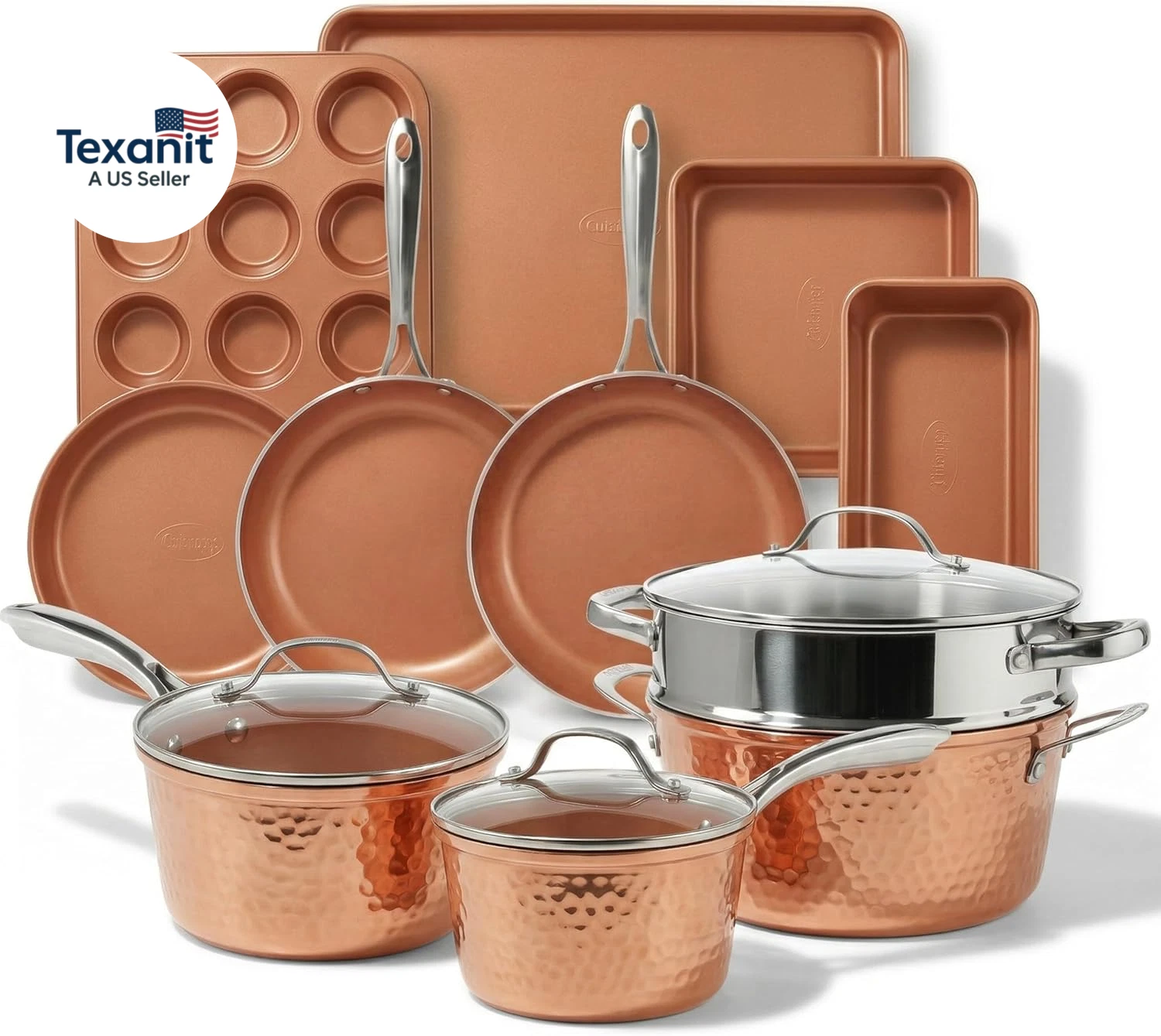 Hammered 15 Pc Ceramic Cookware Set Nonstick, Induction Pots and Pans Set Non St