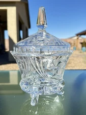 Large 20th Century Crystal 3 Footed Candy Jar Dish Bowl w/ Lid 9" Tall Pin Wheel