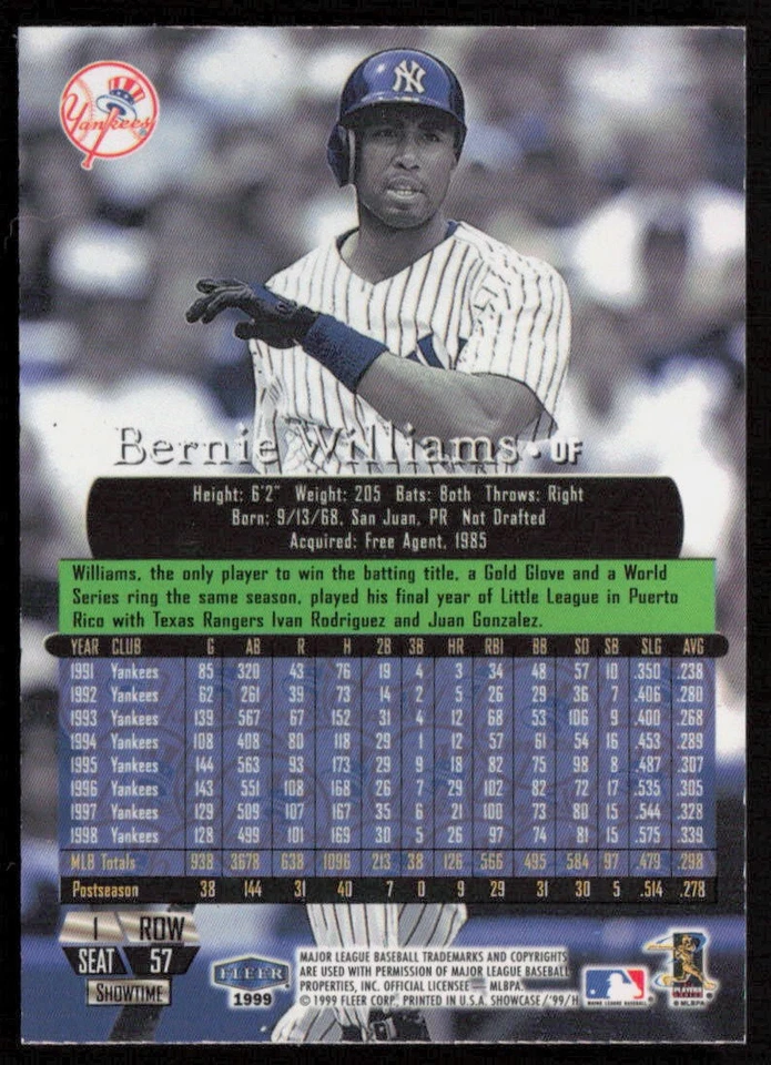 1999 Flair Showcase Bernie Williams Flair Showcase Row 1 (Showcase) /3000 - Image 2 of 2