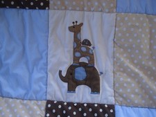 Lambs and Ivy Infant Brown Blue Elephant Giraffe Reversible Quilt EUC