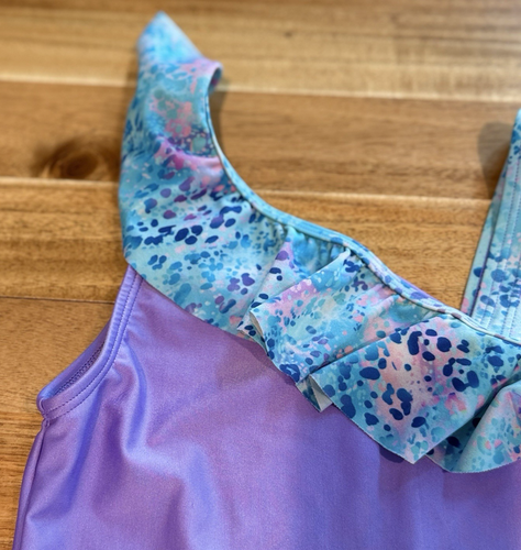 Speedo Girls Asymmetrical Ruffle One Piece Swimsuit Lilac Large - Picture 7 of 21