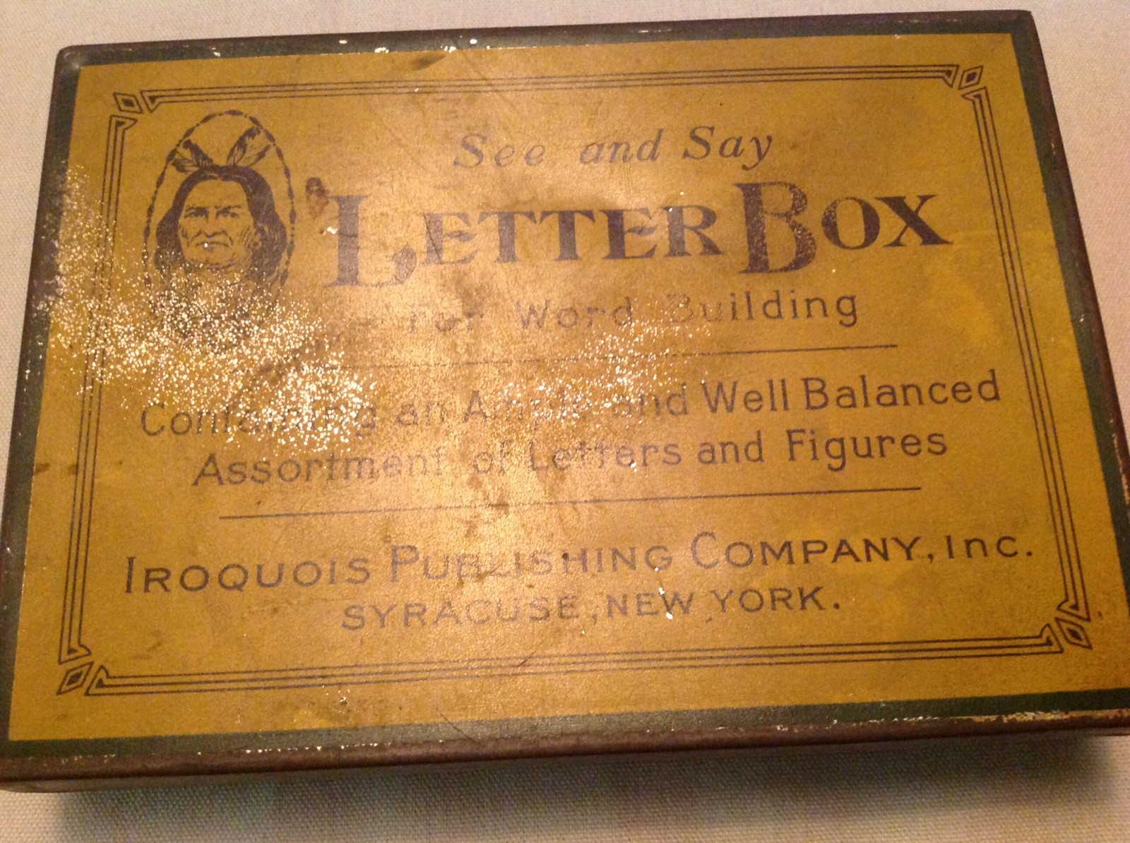Vintage Tin Letter Box For Word Building Iroquois Publishing, Syracuse