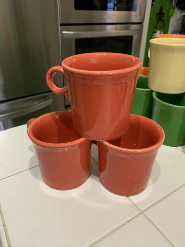 3 Vtg Homer Laughlin HLC FIESTA WARE USA Persimmon Coffee Mugs Embossed Mark