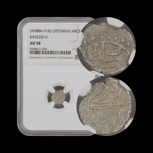 OTTOMAN. 1481, Akce, Silver - NGC AU58 - Bayezid II, Novar, Serbia 030