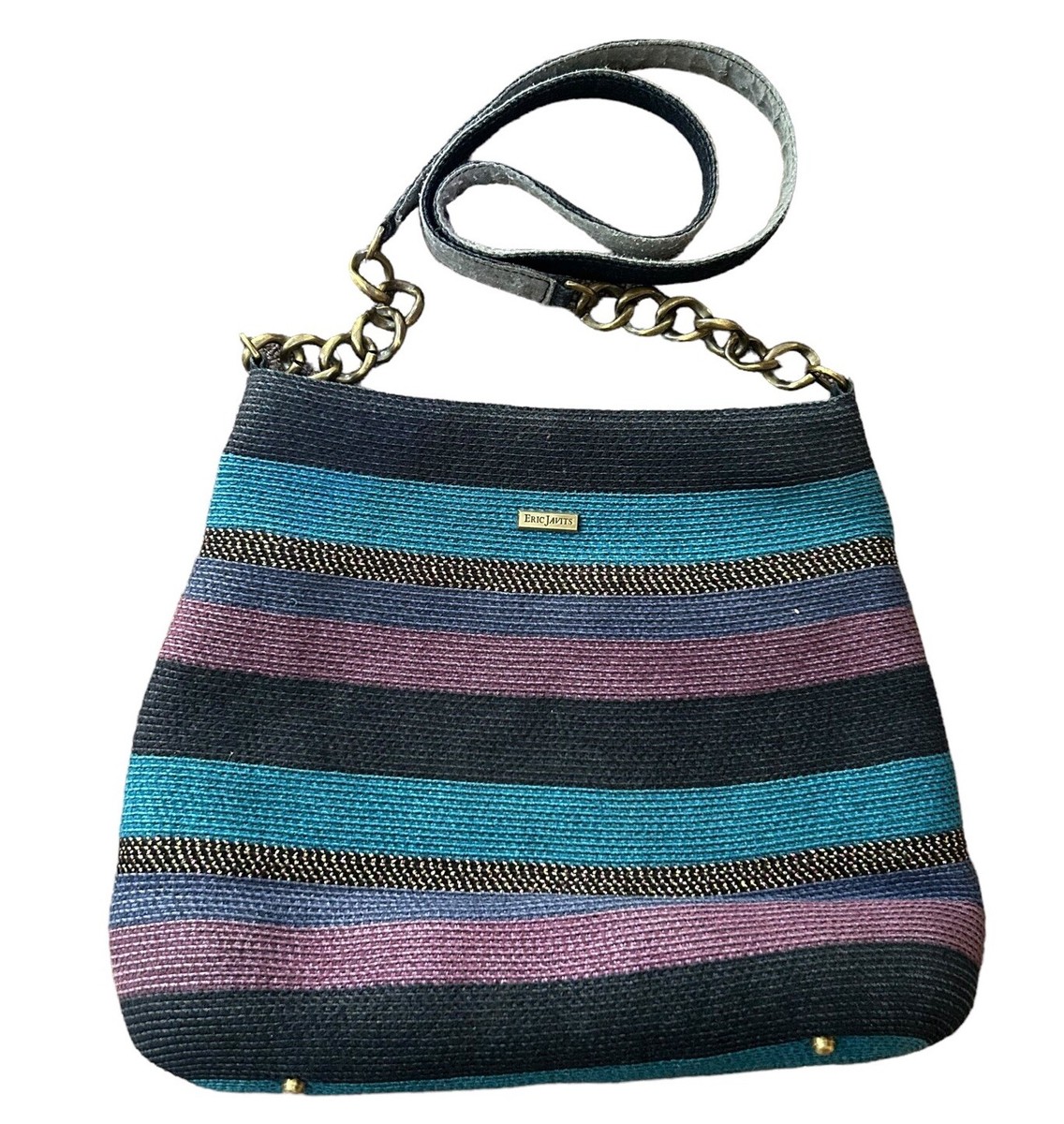 Eric Javits Squishee Purple Blue Stripe Woven Straw Shoulder Crossbody Bag