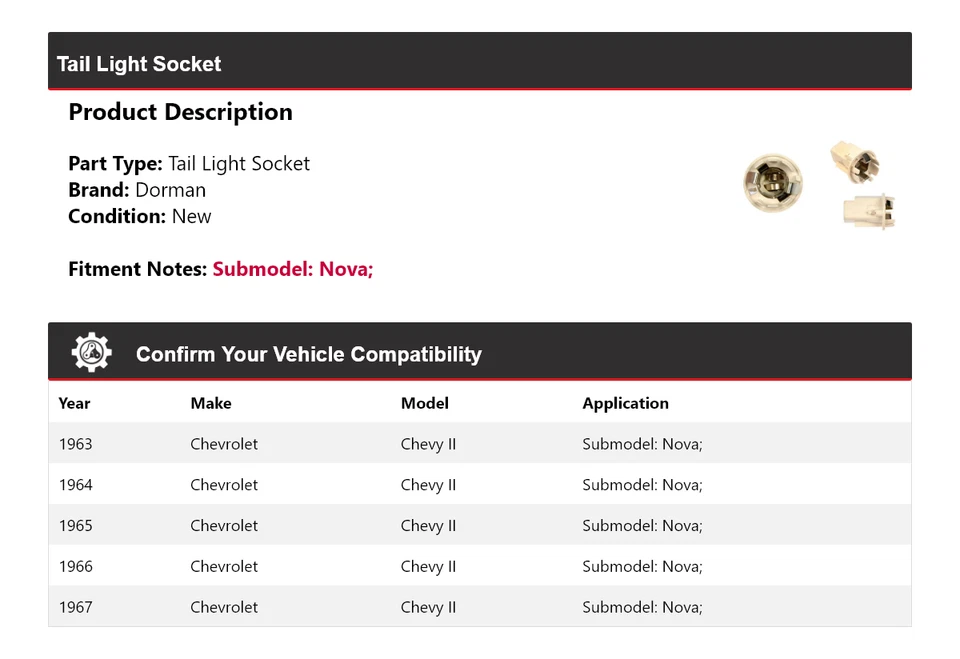 Enchufe de luz trasera para Chevrolet Chevy II Nova Dorman 1963-1967 1965 1966 Foto 2 de 4