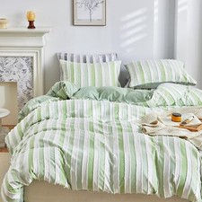 WARMDERN White and Green Boho Duvet Cover Queen Size, Striped Tufted Duvet Cover