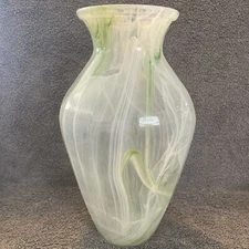 Vtg Murano Style 12 “ White and Green Glass Vase Featuring Smoke Pattern