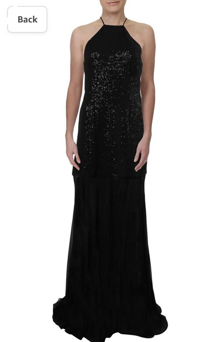NWT Halston Heritage Chiffon Strap Black Halter Gown Sequin