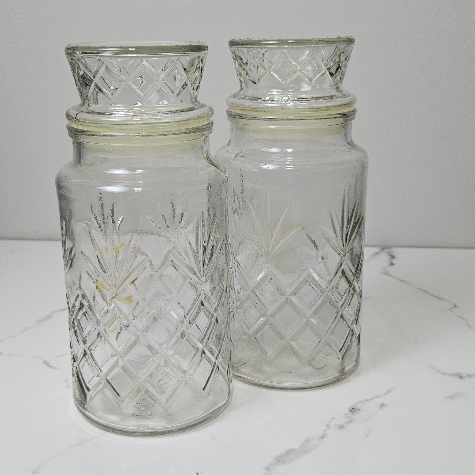 Planters 1983 Mr. Peanut Clear Glass Canister Jar with Lid Logo Bottom Set of 2