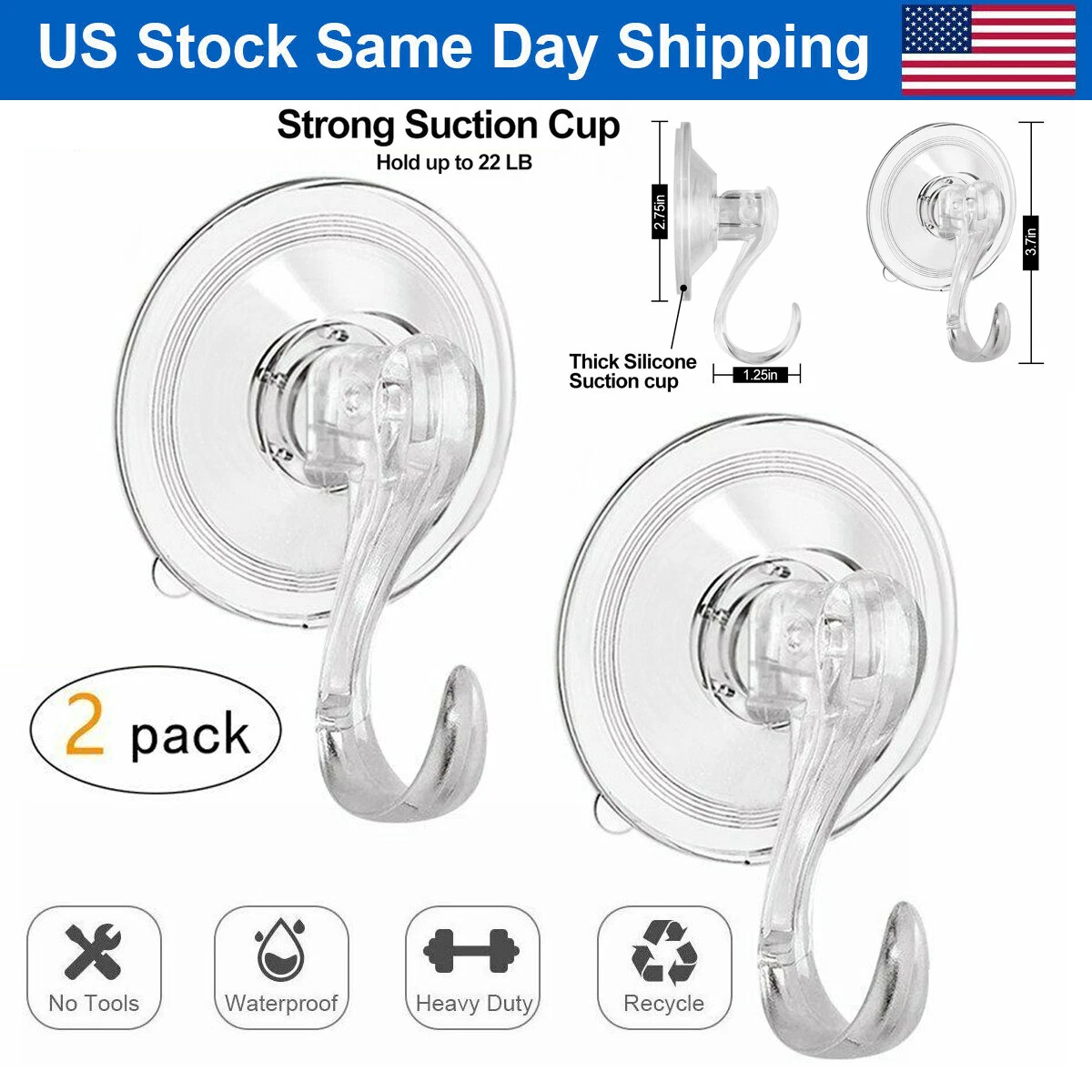 2Pcs Heavy Duty Suction Cup Hook Home Suction Wall Hanger Hold Up to 22lb 10kg