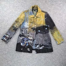 Citron of Santa Monica Jacket Women Small Black Yellow Button Blazer Cotton Silk