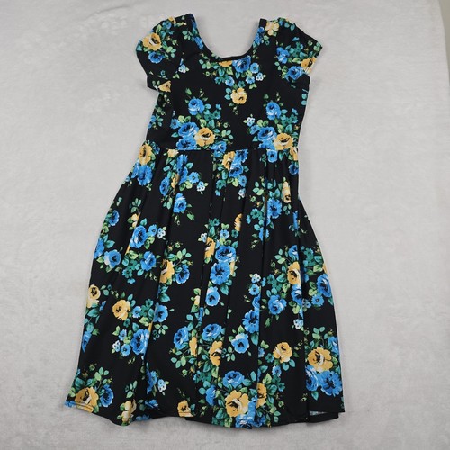 Dot Dot Smile X Lularoe Girl's Size 8/10 Floral Dress Black Blue Yellow - Picture 6 of 6