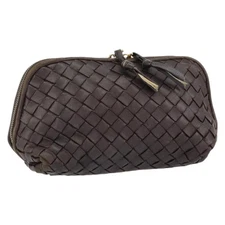 BOTTEGA VENETA INTRECCIATO Pouch Leather Brown Gold Auth bs30733