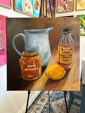 Still Life Bragg Apple Cider Vinegar Painting 20 X 20” Hand Painted, Not A Print