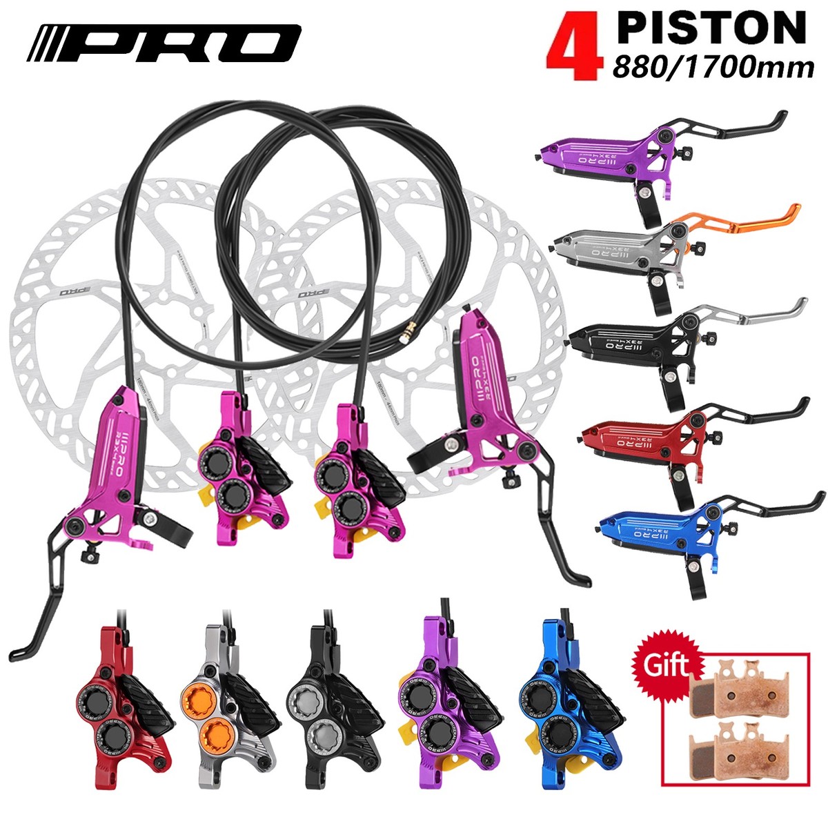 IIIPRO R3X4 MTB Bike Hydraulic Disc Brake Set 4-Pistons Front&Rear