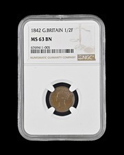 VICTORIA 1842 COPPER YOUNG HEAD HALF FARTHING - NGC MS63BN