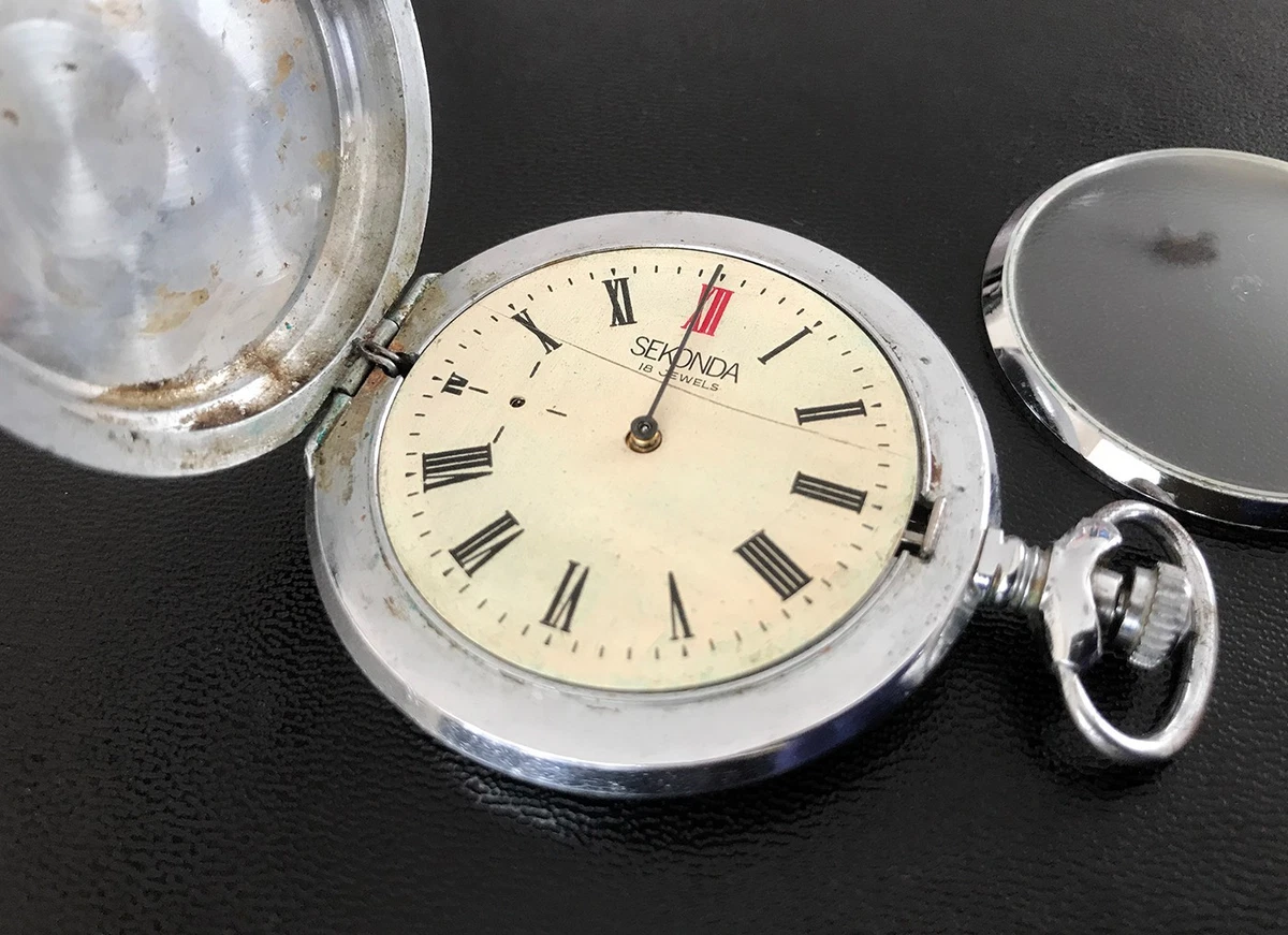 Reloj Bolsillo Sekonda Manual Mecánico Completo Cazador Plateado Blanco Esfera Romana