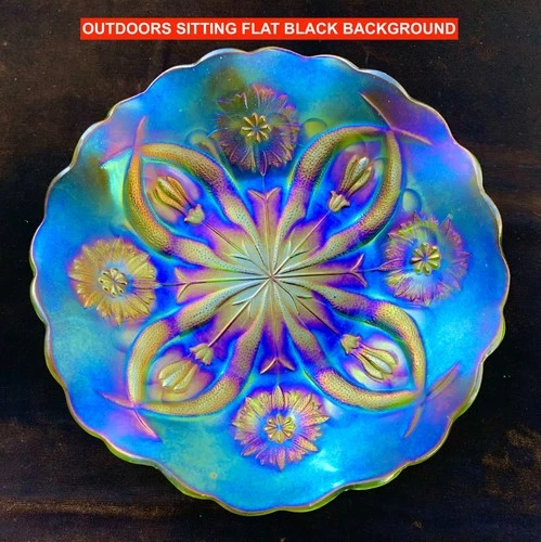 BROCKWITZ EMERALD CARNIVAL GLASS “FOUR FLOWERS VARIANT” LOW BOWL – COLOR!!!!!