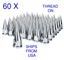 Set of 60 Chrome Spike Lug Nut Covers 33mm Thread-On 4-3/4" Long 18-Wheeler Semi
