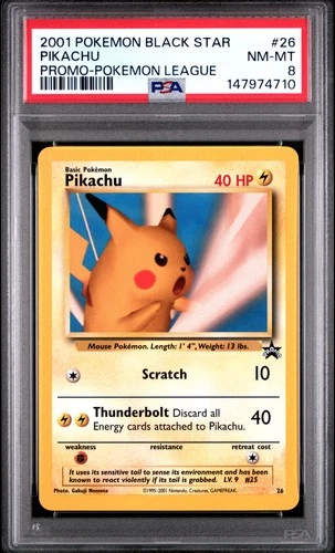 2001 POKEMON PROMO BLACK STAR POKEMON LEAGUE #26 PIKACHU PSA 8