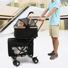 4-in-1 Double Pet Stroller w/ Detachable Carrier Travel Carriage Cats/Little Dog